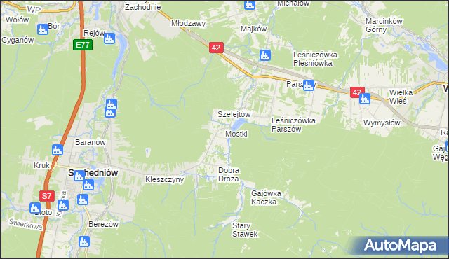 mapa Mostki gmina Suchedniów, Mostki gmina Suchedniów na mapie Targeo