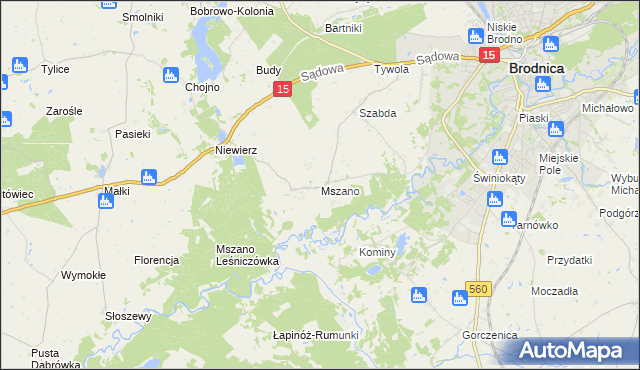 mapa Mszano gmina Brodnica, Mszano gmina Brodnica na mapie Targeo