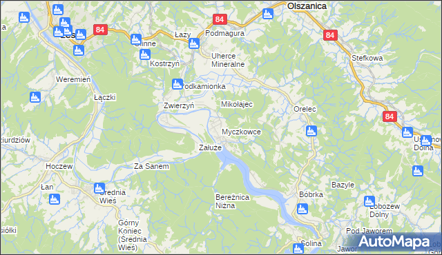 mapa Myczkowce, Myczkowce na mapie Targeo