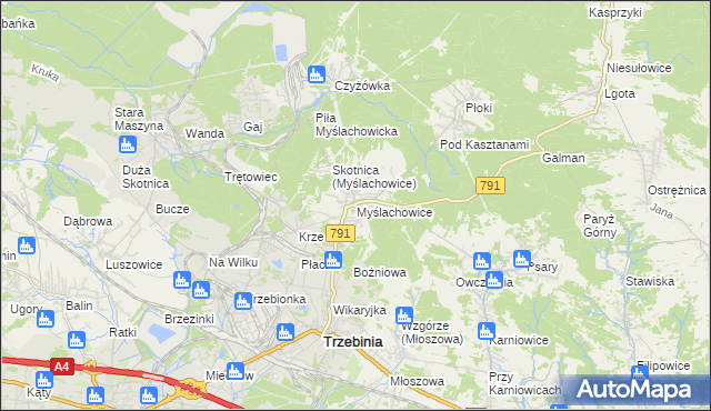 mapa Myślachowice, Myślachowice na mapie Targeo