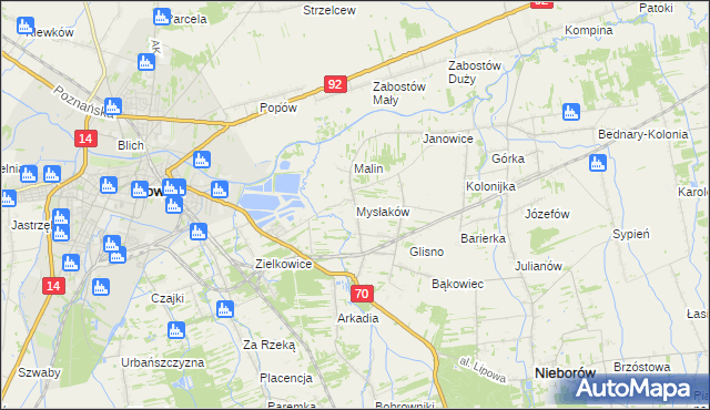 mapa Mysłaków gmina Nieborów, Mysłaków gmina Nieborów na mapie Targeo