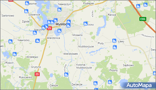 mapa Myśliborzyce gmina Myślibórz, Myśliborzyce gmina Myślibórz na mapie Targeo