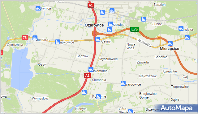mapa Myszkowice gmina Bobrowniki, Myszkowice gmina Bobrowniki na mapie Targeo
