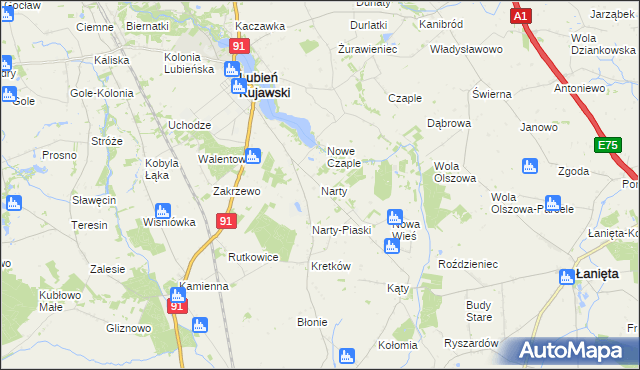 mapa Narty gmina Lubień Kujawski, Narty gmina Lubień Kujawski na mapie Targeo