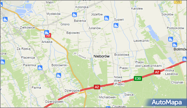 mapa Nieborów powiat łowicki, Nieborów powiat łowicki na mapie Targeo