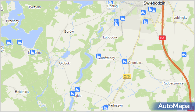 mapa Niedźwiady gmina Świebodzin, Niedźwiady gmina Świebodzin na mapie Targeo