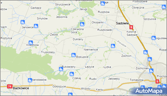 mapa Niemienice gmina Sadowie, Niemienice gmina Sadowie na mapie Targeo