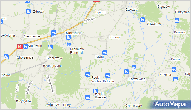 mapa Niwki gmina Kłomnice, Niwki gmina Kłomnice na mapie Targeo