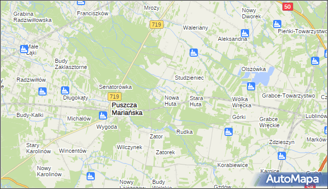 mapa Nowa Huta gmina Puszcza Mariańska, Nowa Huta gmina Puszcza Mariańska na mapie Targeo
