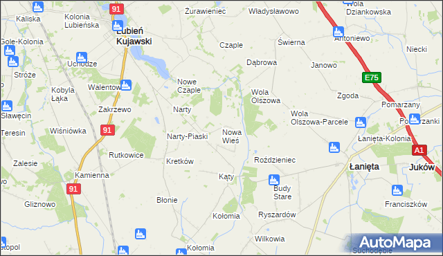 mapa Nowa Wieś gmina Lubień Kujawski, Nowa Wieś gmina Lubień Kujawski na mapie Targeo