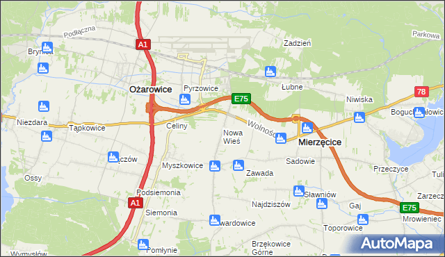 mapa Nowa Wieś gmina Mierzęcice, Nowa Wieś gmina Mierzęcice na mapie Targeo