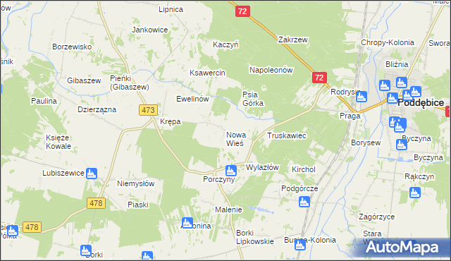 mapa Nowa Wieś gmina Poddębice, Nowa Wieś gmina Poddębice na mapie Targeo