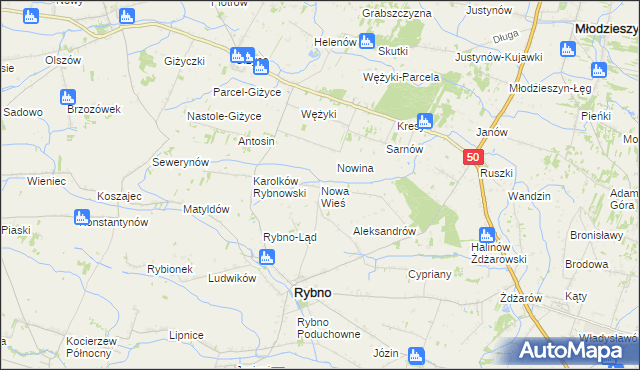 mapa Nowa Wieś gmina Rybno, Nowa Wieś gmina Rybno na mapie Targeo