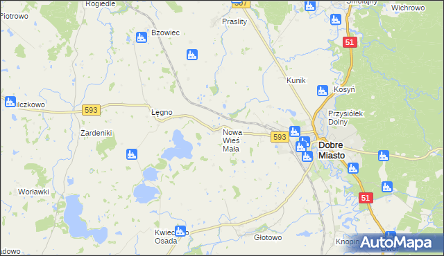 mapa Nowa Wieś Mała gmina Dobre Miasto, Nowa Wieś Mała gmina Dobre Miasto na mapie Targeo