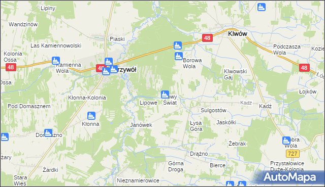 mapa Nowy Świat gmina Klwów, Nowy Świat gmina Klwów na mapie Targeo