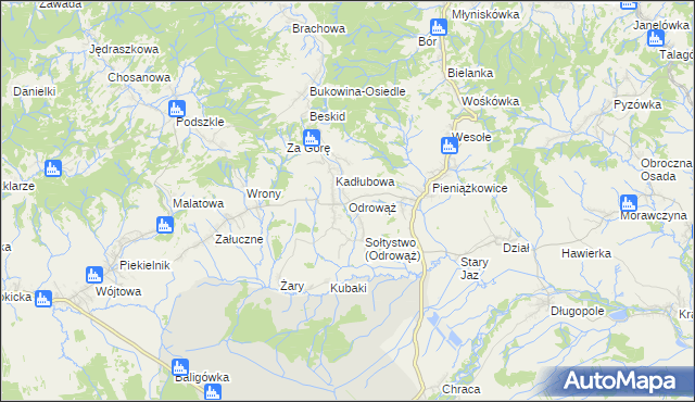 mapa Odrowąż gmina Czarny Dunajec, Odrowąż gmina Czarny Dunajec na mapie Targeo