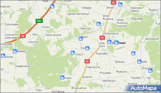 mapa Okalew gmina Ostrówek, Okalew gmina Ostrówek na mapie Targeo