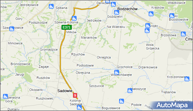 mapa Okręglica gmina Sadowie, Okręglica gmina Sadowie na mapie Targeo