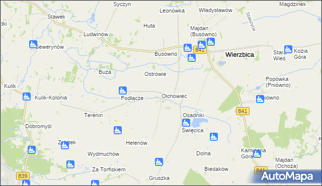 mapa Olchowiec gmina Wierzbica, Olchowiec gmina Wierzbica na mapie Targeo