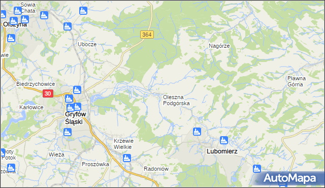 mapa Oleszna Podgórska, Oleszna Podgórska na mapie Targeo