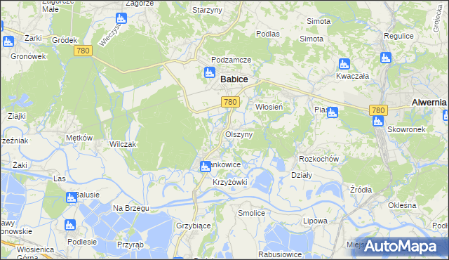 mapa Olszyny gmina Babice, Olszyny gmina Babice na mapie Targeo