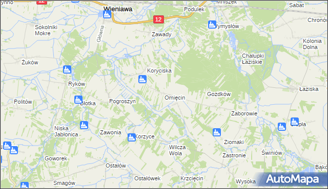 mapa Omięcin gmina Szydłowiec, Omięcin gmina Szydłowiec na mapie Targeo