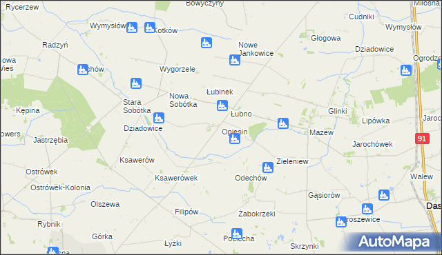 mapa Opiesin gmina Daszyna, Opiesin gmina Daszyna na mapie Targeo