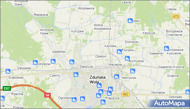mapa Opiesin gmina Zduńska Wola, Opiesin gmina Zduńska Wola na mapie Targeo