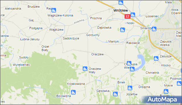 mapa Oraczew gmina Wróblew, Oraczew gmina Wróblew na mapie Targeo