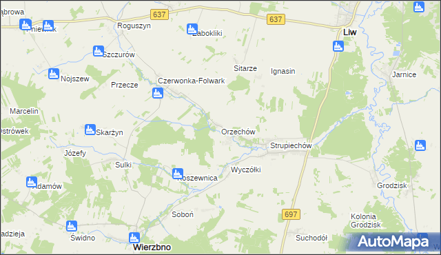 mapa Orzechów gmina Wierzbno, Orzechów gmina Wierzbno na mapie Targeo