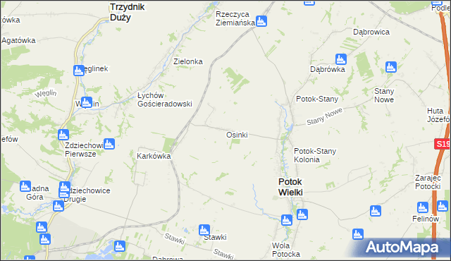 mapa Osinki gmina Potok Wielki, Osinki gmina Potok Wielki na mapie Targeo