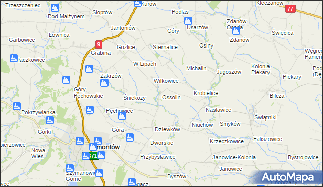 mapa Ossolin gmina Klimontów, Ossolin gmina Klimontów na mapie Targeo