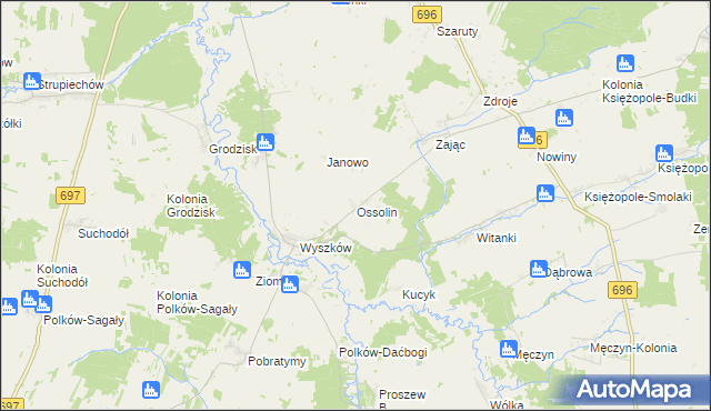 mapa Ossolin gmina Liw, Ossolin gmina Liw na mapie Targeo