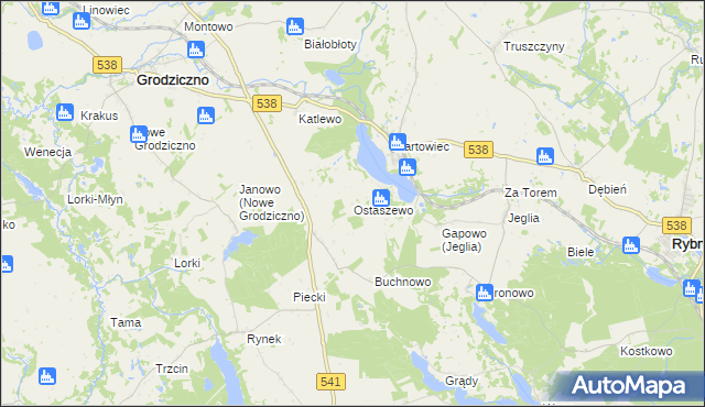 mapa Ostaszewo gmina Grodziczno, Ostaszewo gmina Grodziczno na mapie Targeo