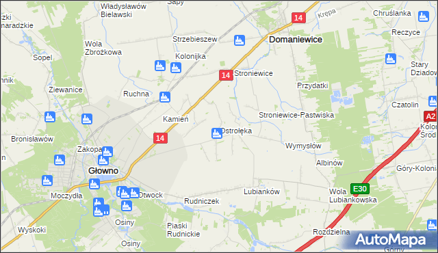 mapa Ostrołęka gmina Głowno, Ostrołęka gmina Głowno na mapie Targeo