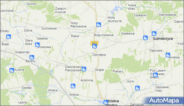 mapa Ostrołęka gmina Sulmierzyce, Ostrołęka gmina Sulmierzyce na mapie Targeo