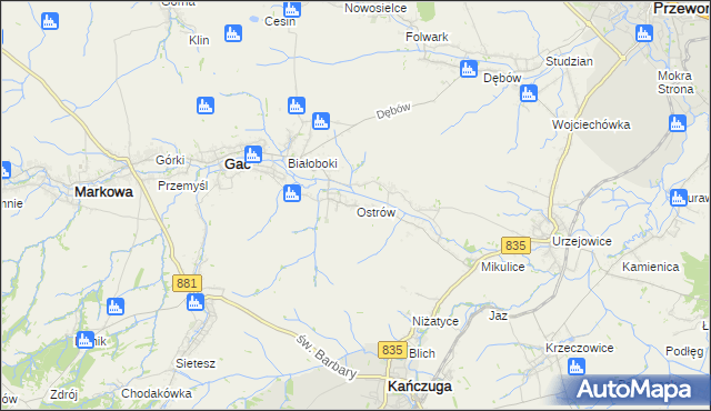 mapa Ostrów gmina Gać, Ostrów gmina Gać na mapie Targeo