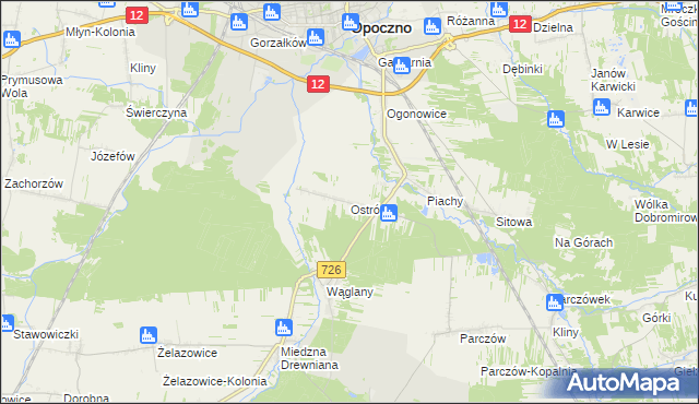 mapa Ostrów gmina Opoczno, Ostrów gmina Opoczno na mapie Targeo