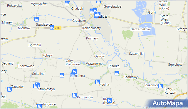 mapa Ostrów gmina Wiślica, Ostrów gmina Wiślica na mapie Targeo