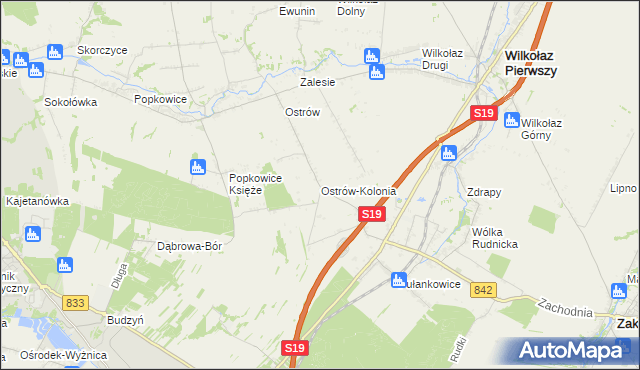 mapa Ostrów-Kolonia gmina Wilkołaz, Ostrów-Kolonia gmina Wilkołaz na mapie Targeo