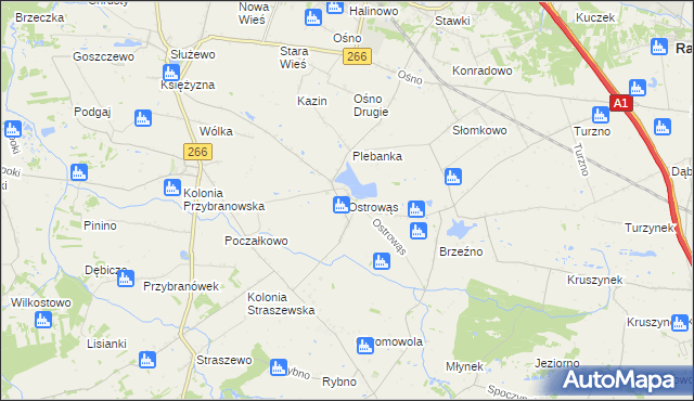 mapa Ostrowąs gmina Aleksandrów Kujawski, Ostrowąs gmina Aleksandrów Kujawski na mapie Targeo