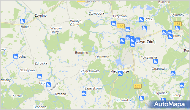 mapa Ostrowąs gmina Połczyn-Zdrój, Ostrowąs gmina Połczyn-Zdrój na mapie Targeo