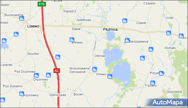 mapa Ostrowo gmina Płużnica, Ostrowo gmina Płużnica na mapie Targeo