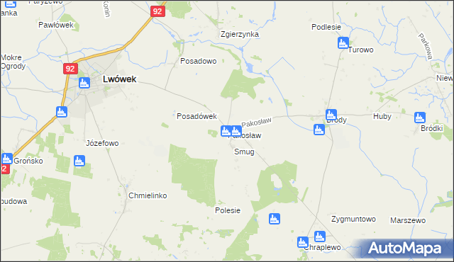 mapa Pakosław gmina Lwówek, Pakosław gmina Lwówek na mapie Targeo