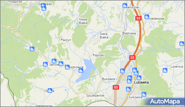 mapa Paprotki gmina Lubawka, Paprotki gmina Lubawka na mapie Targeo