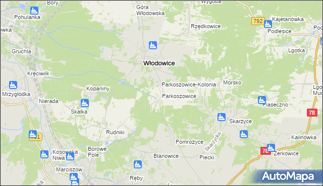 mapa Parkoszowice gmina Włodowice, Parkoszowice gmina Włodowice na mapie Targeo