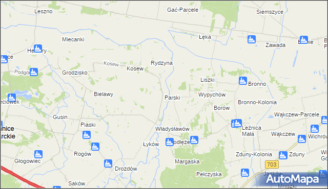 mapa Parski gmina Świnice Warckie, Parski gmina Świnice Warckie na mapie Targeo