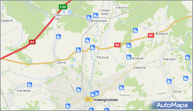 mapa Parzyce gmina Nowogrodziec, Parzyce gmina Nowogrodziec na mapie Targeo