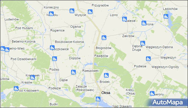 mapa Pawęzów gmina Oksa, Pawęzów gmina Oksa na mapie Targeo