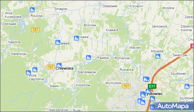 mapa Pawłów gmina Chlewiska, Pawłów gmina Chlewiska na mapie Targeo